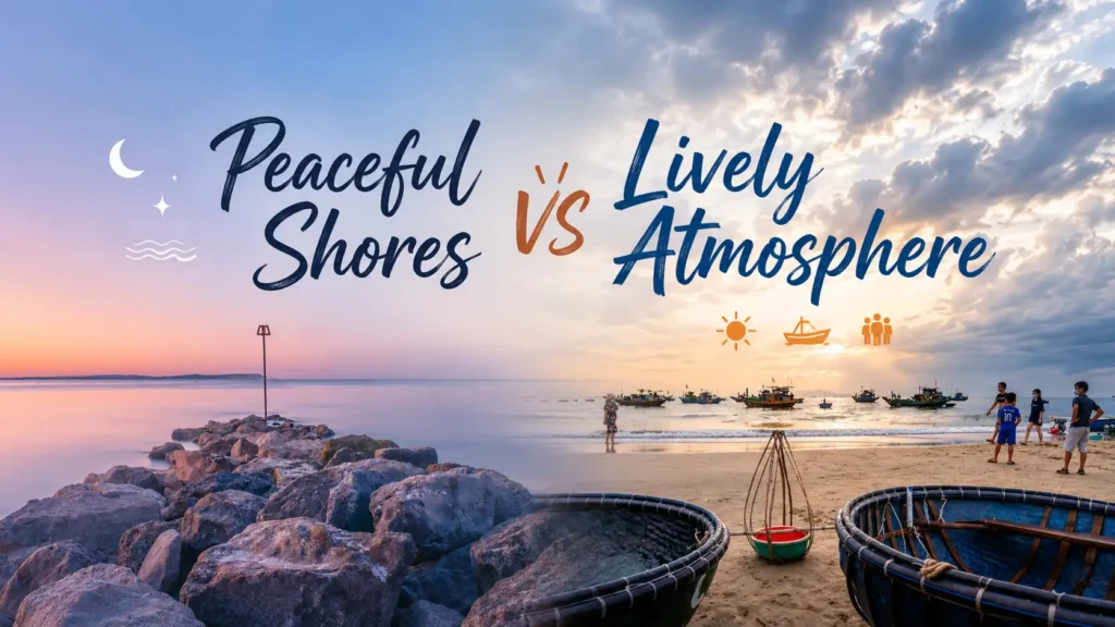 Peaceful shore with calm rocks blended into a lively beach scene with boats, people, and travel icons.