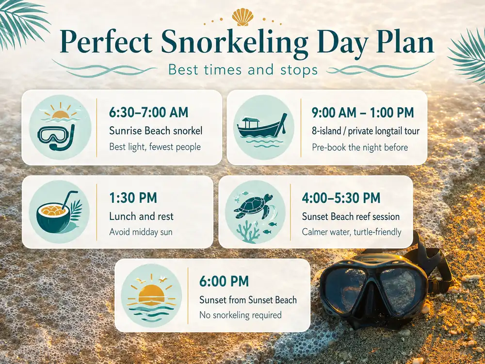 Perfect Koh Lipe snorkeling day plan showing sunrise snorkeling, a longtail boat tour, lunch break, reef session, and sunset timing.
