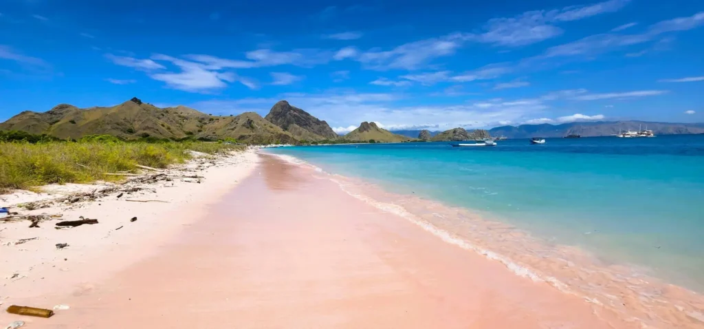Pink sand beach with clear turquoise water, boats offshore, and rugged hills under a bright blue sky.