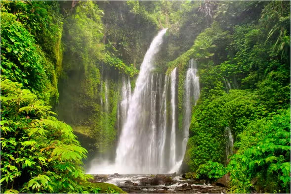 Sendang Gile and Tiu Kelep waterfall scenery with flowing water, rocky cliffs, and lush green forest in Lombok.