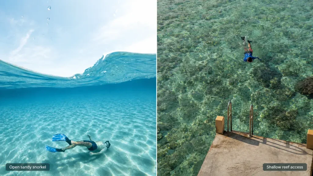 Split-screen snorkeling comparison showing open sandy seabed snorkeling on one side and shallow reef access beside a concrete platform on the other.