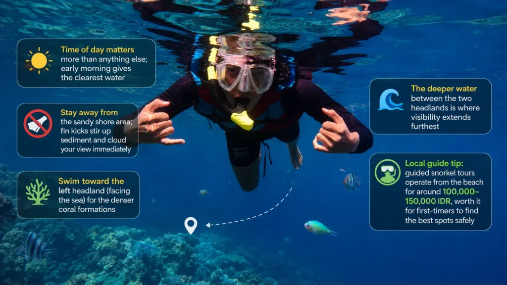 Snorkeler underwater with snorkeling tips infographic.
