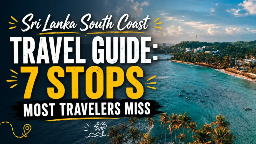 Sri Lanka South Coast travel guide title over a turquoise coastline with palm trees, boats, beaches, and coastal town views.