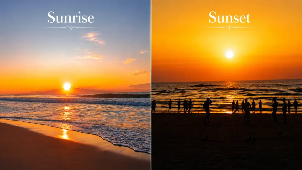 Side-by-side beach comparison showing sunrise with calm golden waves on the left and sunset with silhouetted people by the ocean on the right. 