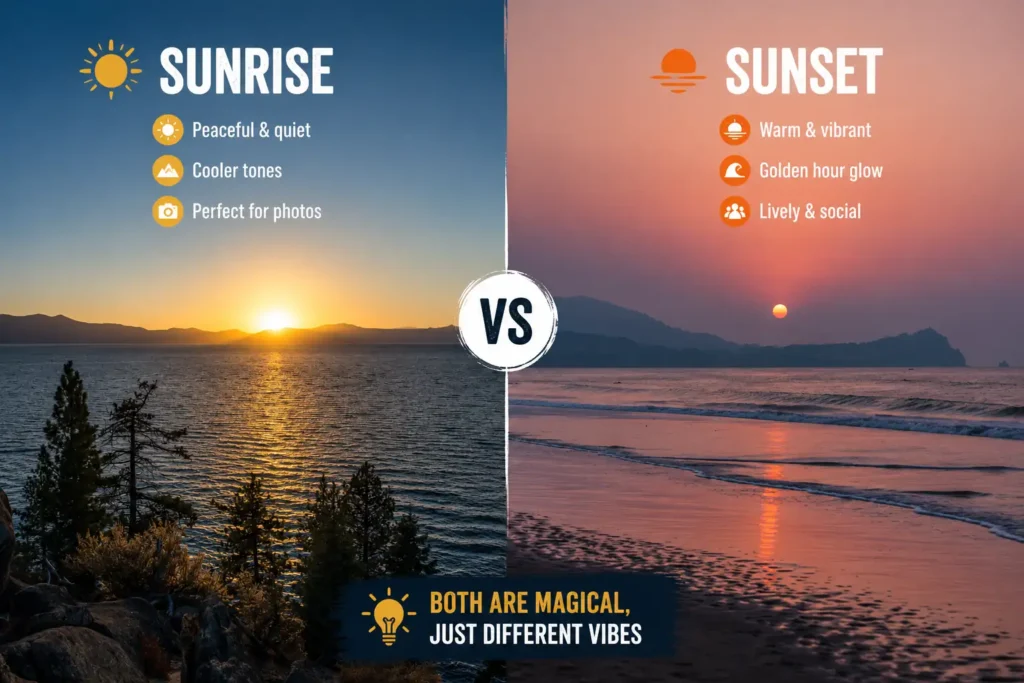 Sunrise vs sunset comparison infographic over beach scenes. 