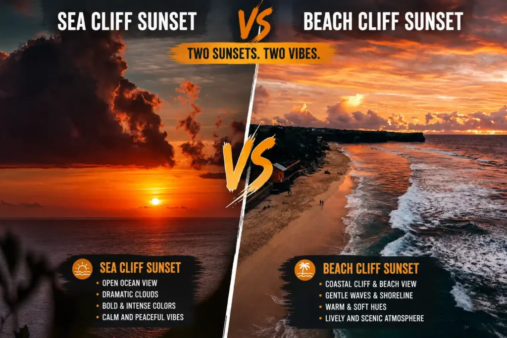 Side-by-side comparison infographic of sea cliff sunset and beach cliff sunset views.