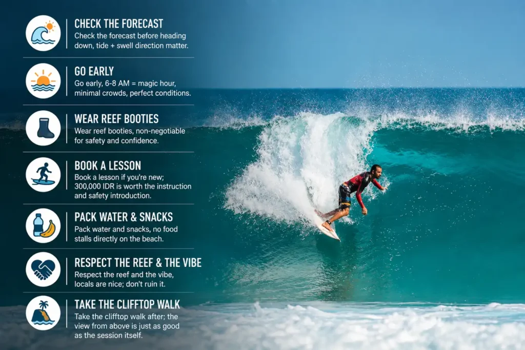 Surfing tips infographic with icons beside a surfer riding a turquoise wave. 
