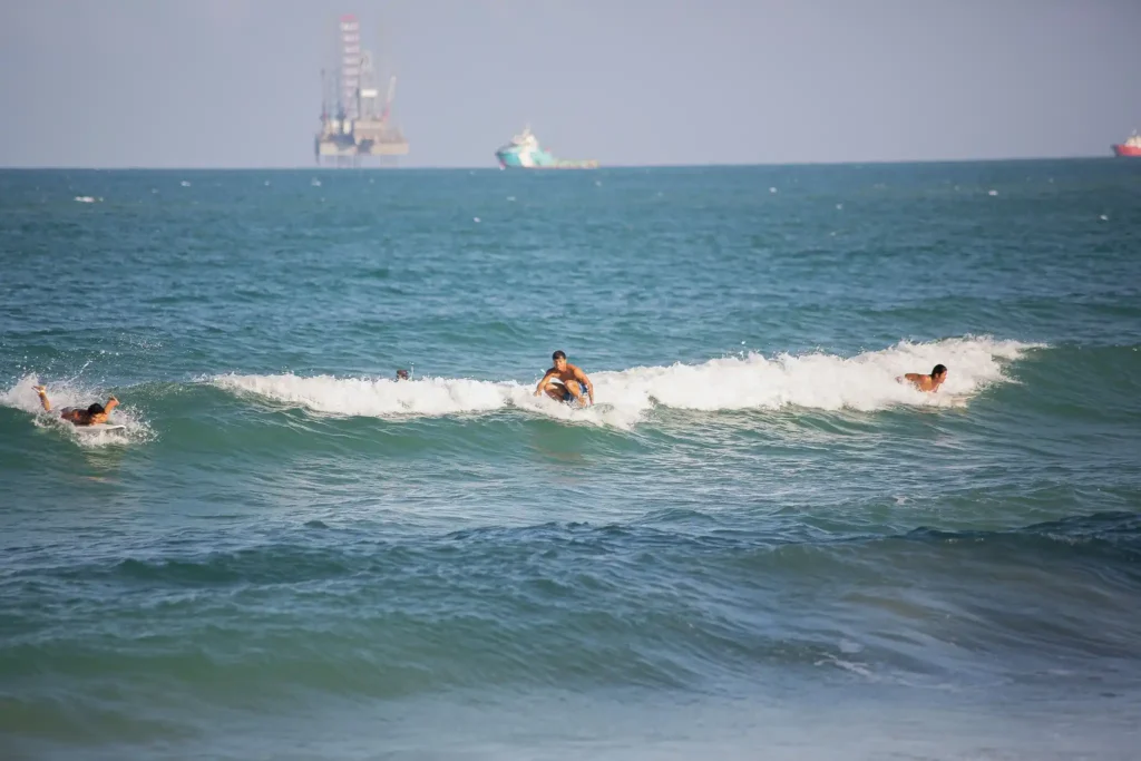 Surfers riding beach waves with ships visible on the horizon.