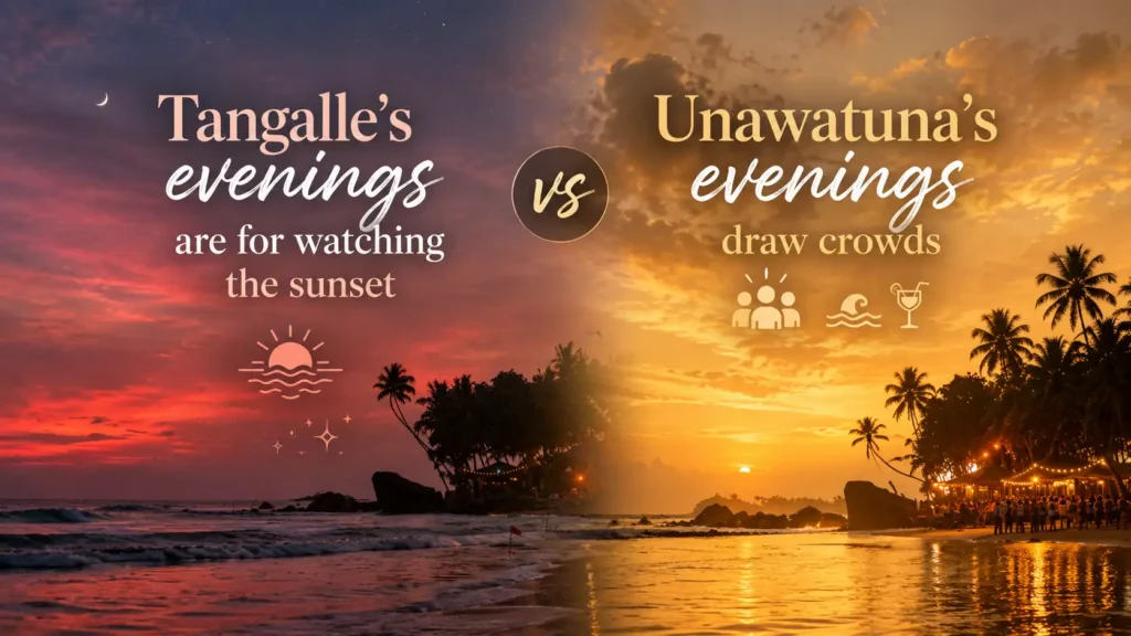 Split beach comparison banner showing Tangalle’s calm sunset evenings on one side and Unawatuna’s lively evening crowd scene on the other.