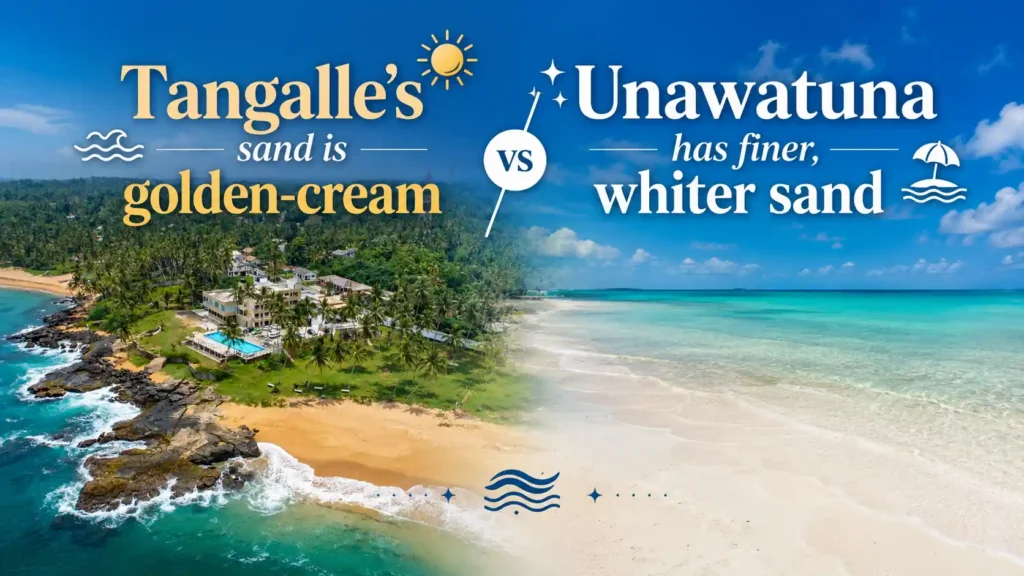 Tangalle golden-cream sand compared with Unawatuna finer white sand in a tropical beach landscape banner.