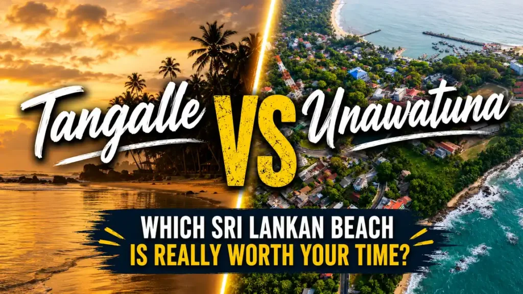 Tangalle vs Unawatuna Sri Lankan beach comparison with sunset palm beach, aerial coastline, and bold travel guide title.