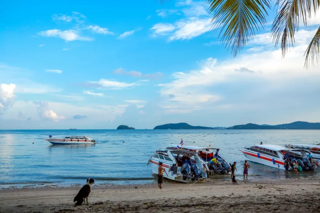 Thai beach shoreline with speedboats, calm blue sea, palm leaves, distant islands, and people preparing boats near the water