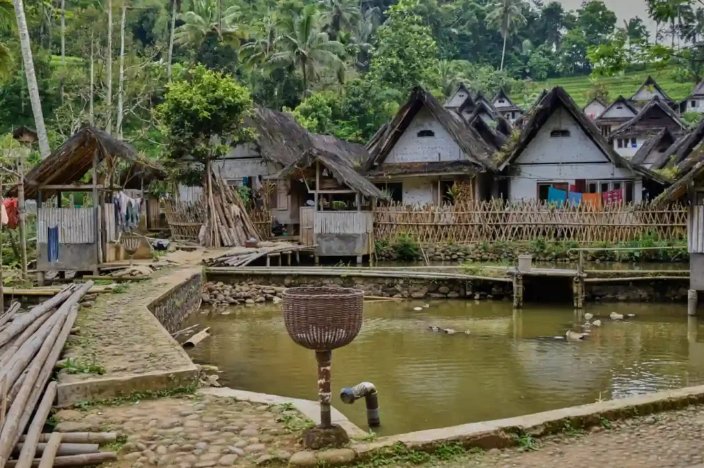 Traditional village houses beside a pond.