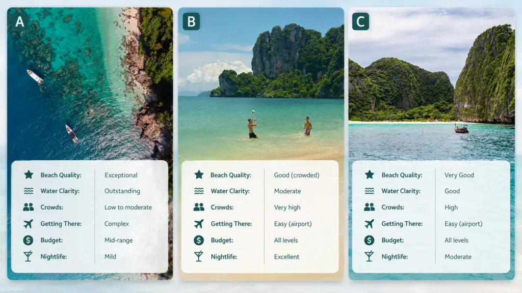 Tropical beach comparison graphic showing three island beaches with beach quality, water clarity, crowds, access, budget, and nightlife ratings. 
