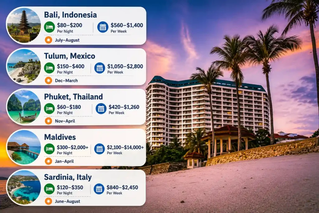 White sand beach hotel price comparison for top tropical destinations.
