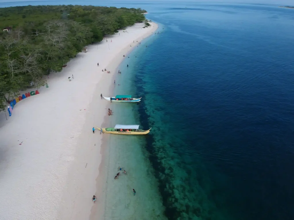 Aerial view of a pristine white sand beach with turquoise water, traditional boats, and lush tropical forest along the coastline in the Philippines.