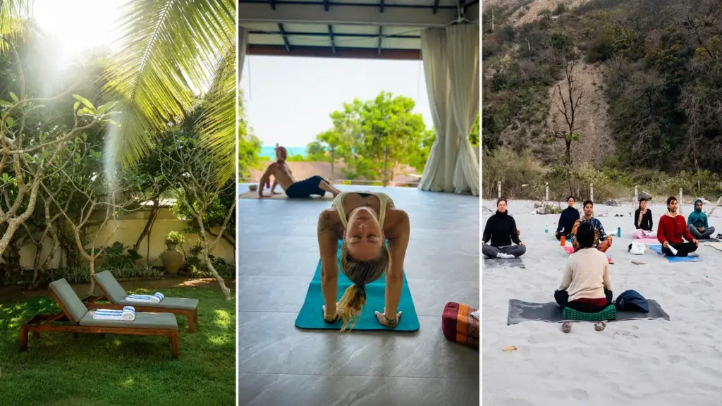 Yoga retreat collage showing garden lounge chairs, indoor yoga practice, and a beach meditation class in a peaceful coastal setting.