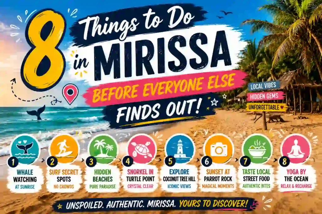 Infographic showing 8 must-do experiences in Mirissa, Sri Lanka.
