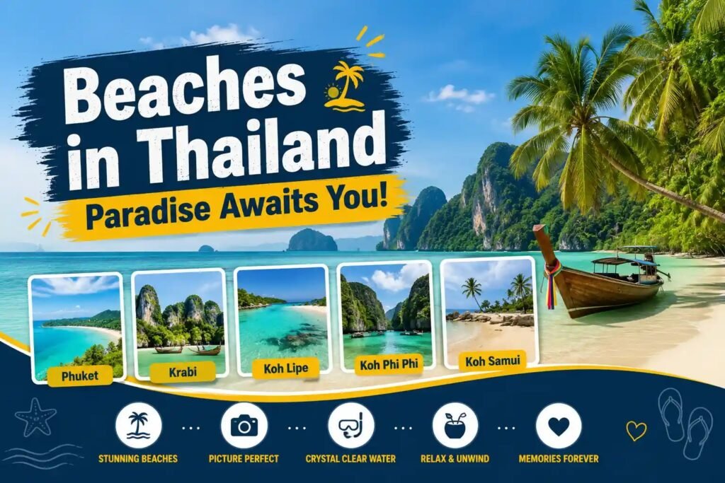 Beautiful beaches in Thailand with tropical islands, turquoise water, and iconic longtail boat.