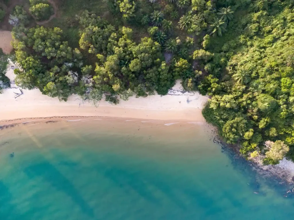 Aerial view of a secluded tropical beach.