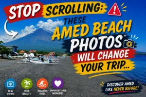 Colorful Amed Beach travel thumbnail featuring Mount Agung