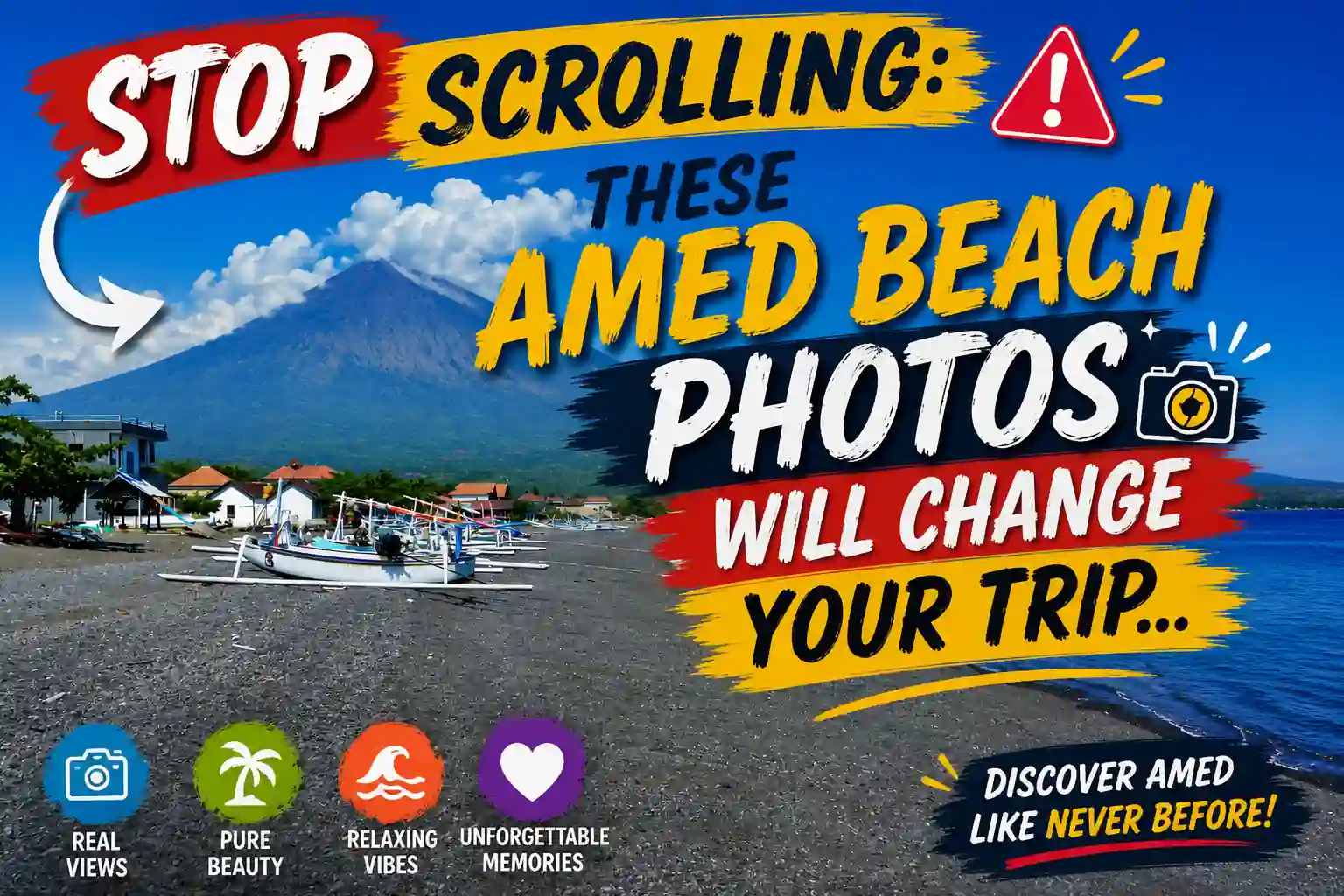 Colorful Amed Beach travel thumbnail featuring Mount Agung