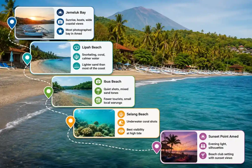 Amed Beach photo spots travel infographic.