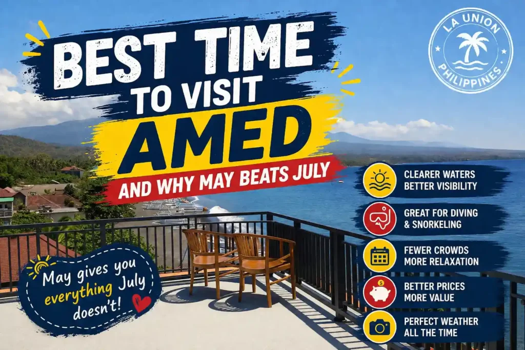 Scenic Amed coastline with best time to visit title.