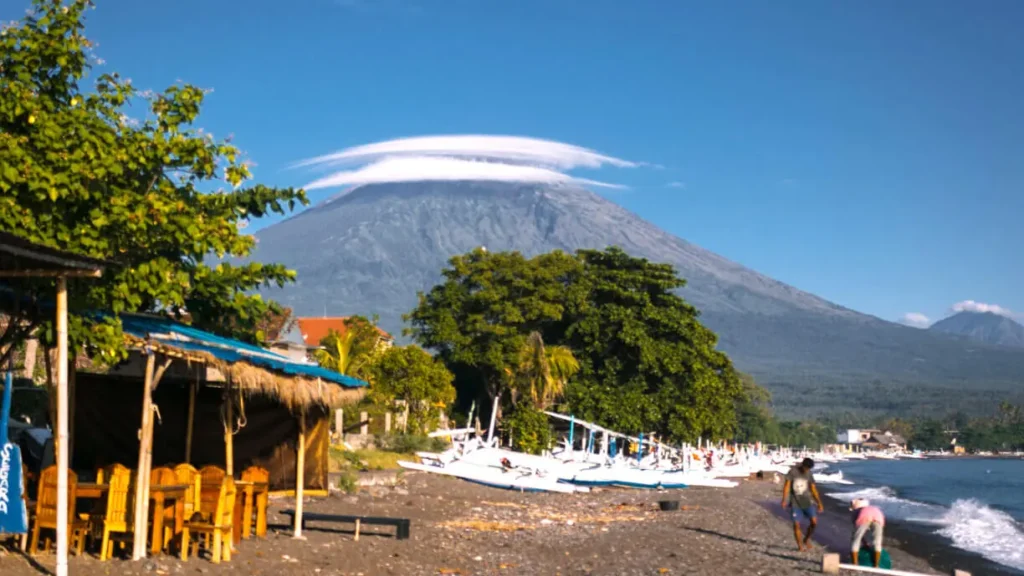 Amed black sand beach view