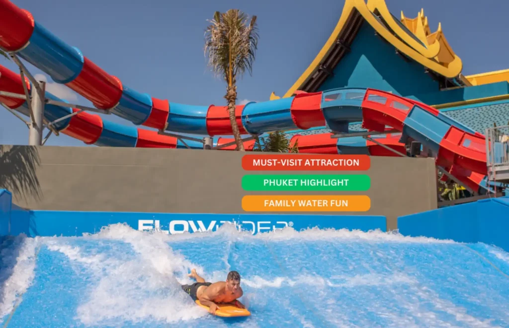 Andamanda Water Park wave pool and colorful water slides in Phuket
