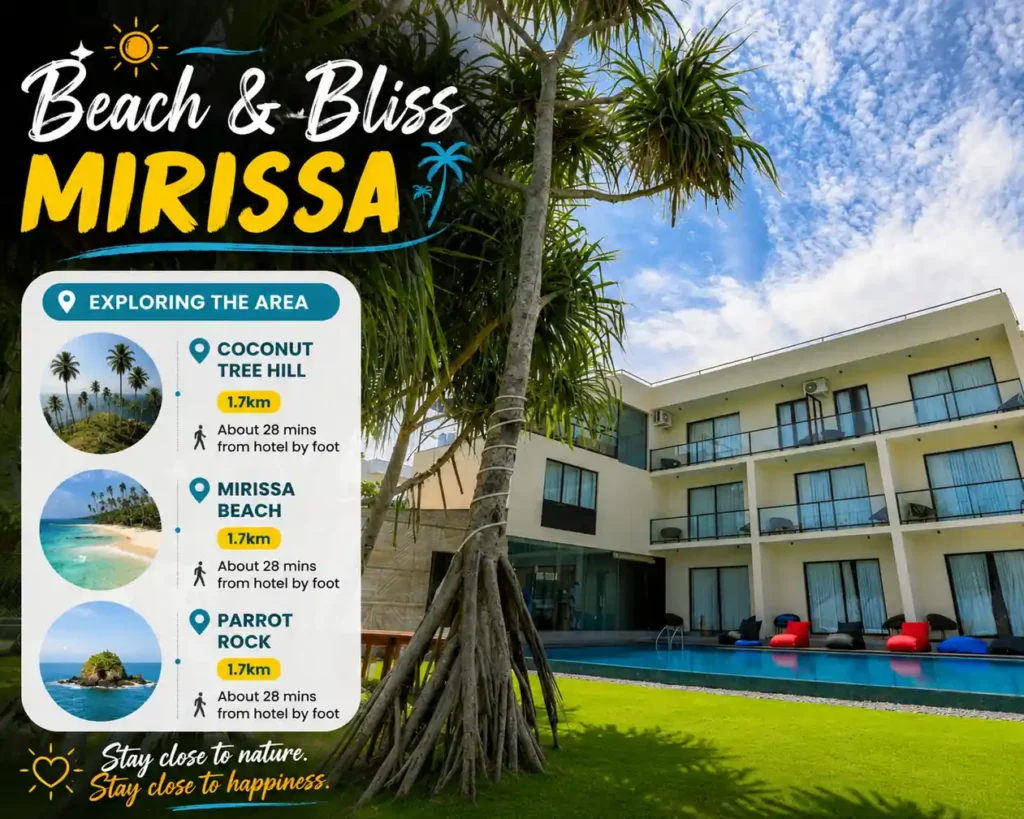 Beach & Bliss Mirissa hotel with nearby attractions including Coconut Tree Hill, Mirissa Beach, and Parrot Rock.