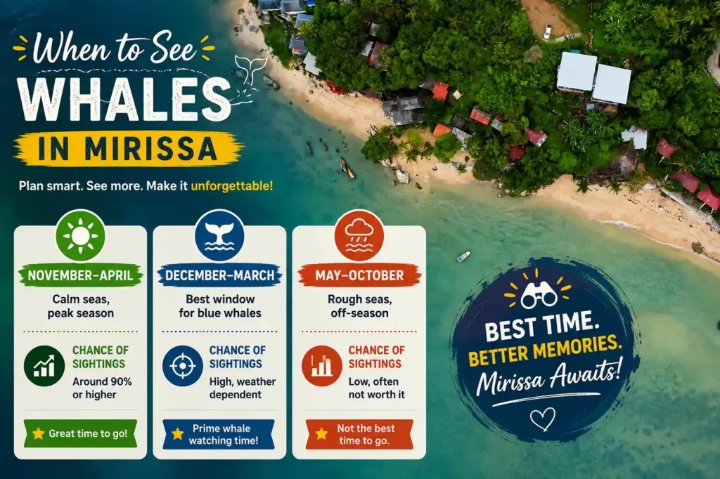 Best time for whale watching in Mirissa infographic with seasonal viewing guide. 