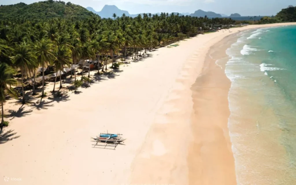 Aerial view of a white sandy beach on the Exclusive El Nido Land Tour.