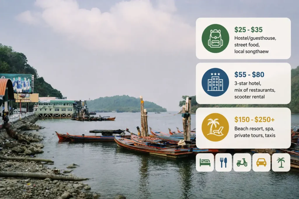 Koh Chang harbor with longtail boats and a travel budget infographic showing backpacker, mid-range, and luxury daily costs with icons.