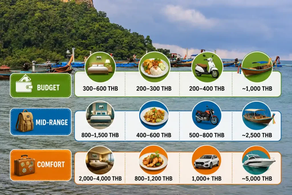 Koh Chang travel budget infographic with accommodation, food, transport, and boat costs.
