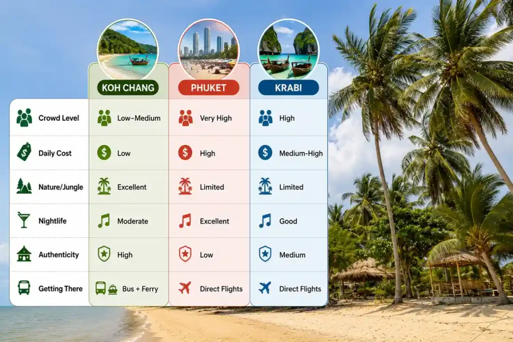 Koh Chang, Phuket, and Krabi travel comparison infographic with icons.
