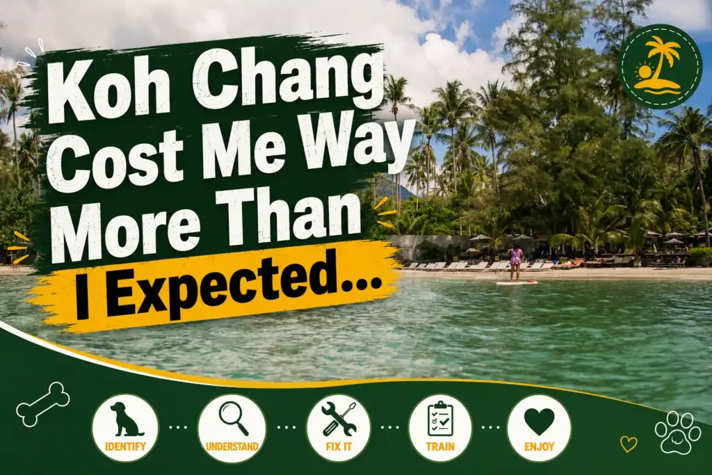 Koh Chang tropical beach with palm trees and bold text reading "Koh Chang Cost Me Way More Than I Expected.