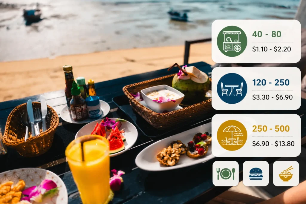 Koh Chang food price guide with dining cost icons by the beach.