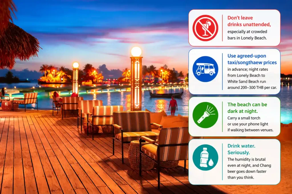 Koh Chang nightlife safety tips with beach icons.