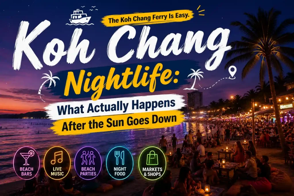 Koh Chang nightlife thumbnail with beach bars and evening scene.
