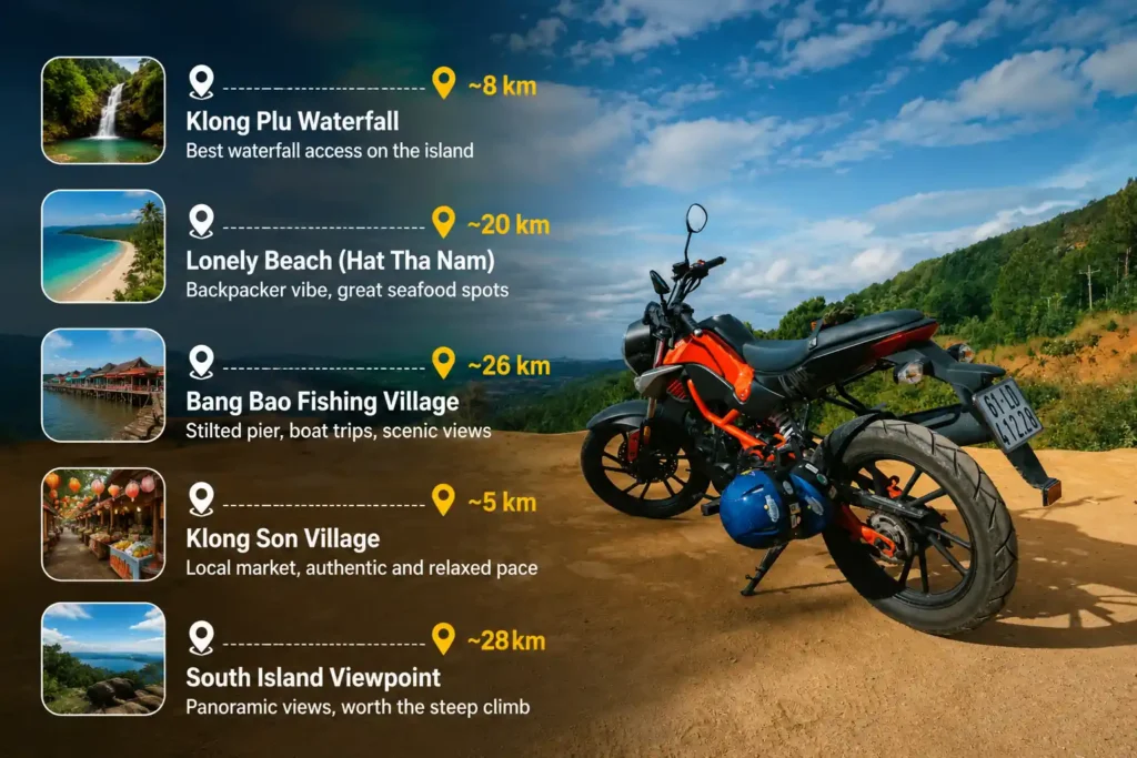 Koh Chang scooter route with nearby attractions infographic 