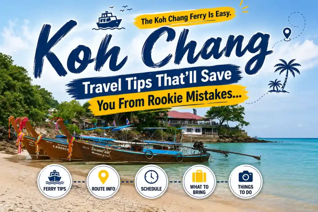 Koh Chang travel tips with longtail boats and beach.