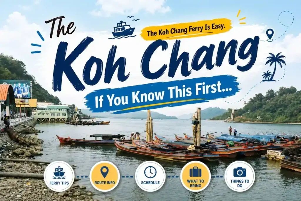 Koh Chang ferry guide thumbnail with boats and harbor.