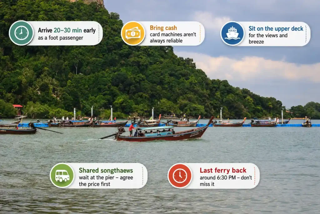 Koh Chang ferry travel tips infographic with longtail boats. 
