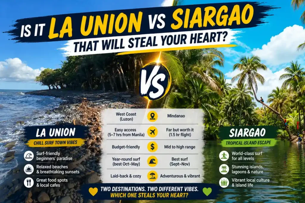 La Union vs Siargao travel comparison infographic