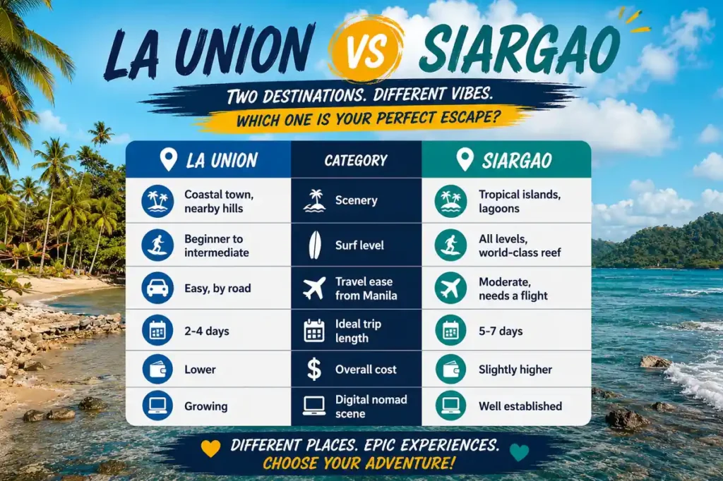 La Union vs Siargao travel comparison guide 