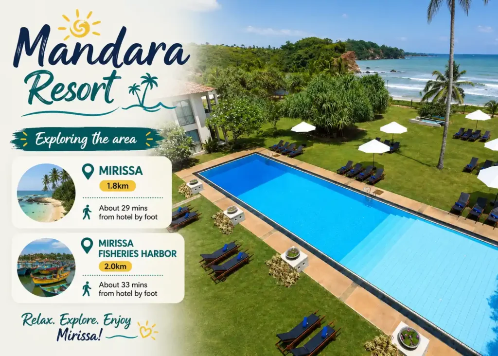 Mandara Resort Mirissa with nearby attractions including Mirissa Beach and Mirissa Fisheries Harbor.