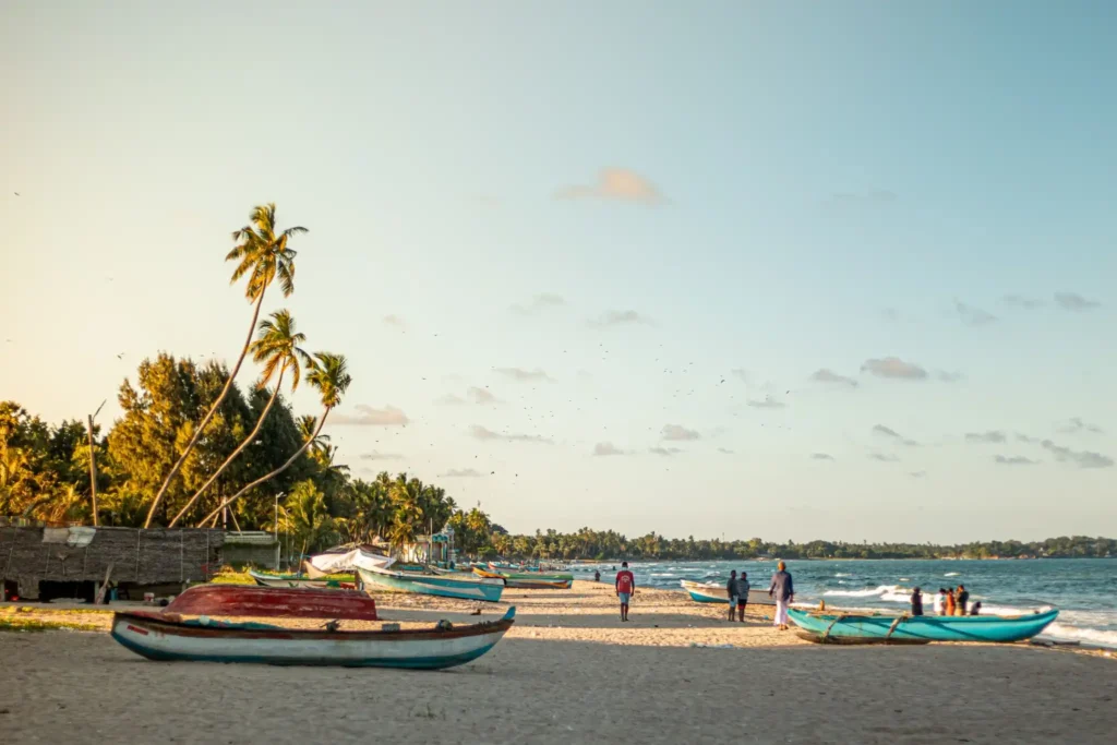 Fishing boats on Mirissa Beach at sunset