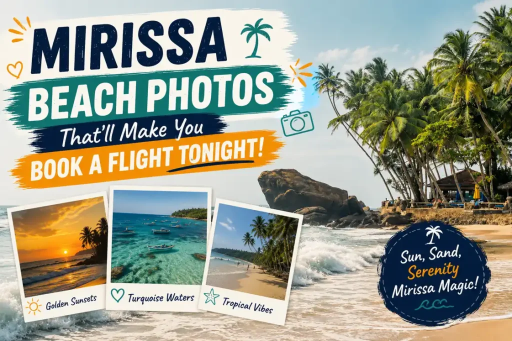 Mirissa Beach travel photo collage with tropical scenery