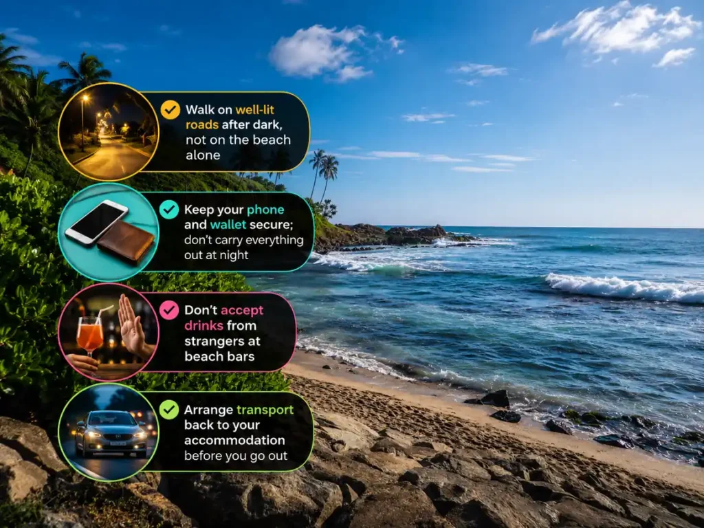 Beach safety tips with icons for walking on well-lit roads, securing valuables, avoiding drinks from strangers, and arranging transport at night.